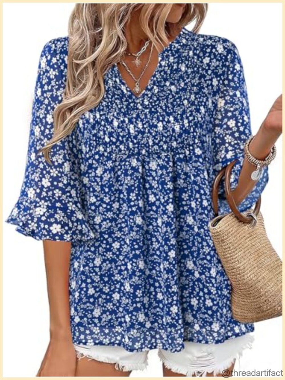 Chiffon V-Neck Blouse Double Layered Floral Ruffle Tops Dressy Casual